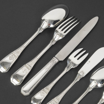 JEAN TETARD – C. CHRISTOFLE MENAGERE de 144 PIECES EN ARGENT MASSIF MODELE AUBUSSON Epoque 1930