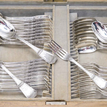 JEAN TETARD – C. CHRISTOFLE MENAGERE de 144 PIECES EN ARGENT MASSIF MODELE AUBUSSON Epoque 1930