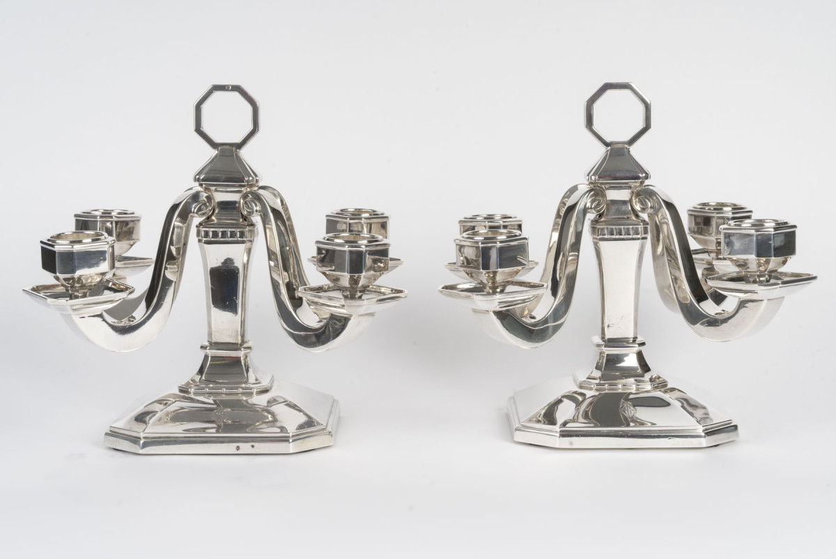Pair of Art Deco solid silver candelabra by Leroy, circa 1930