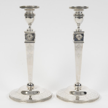 JFJ BEYDEL - Paire de flambeaux en argent, 1er Empire, 2è COQ  1809/1818