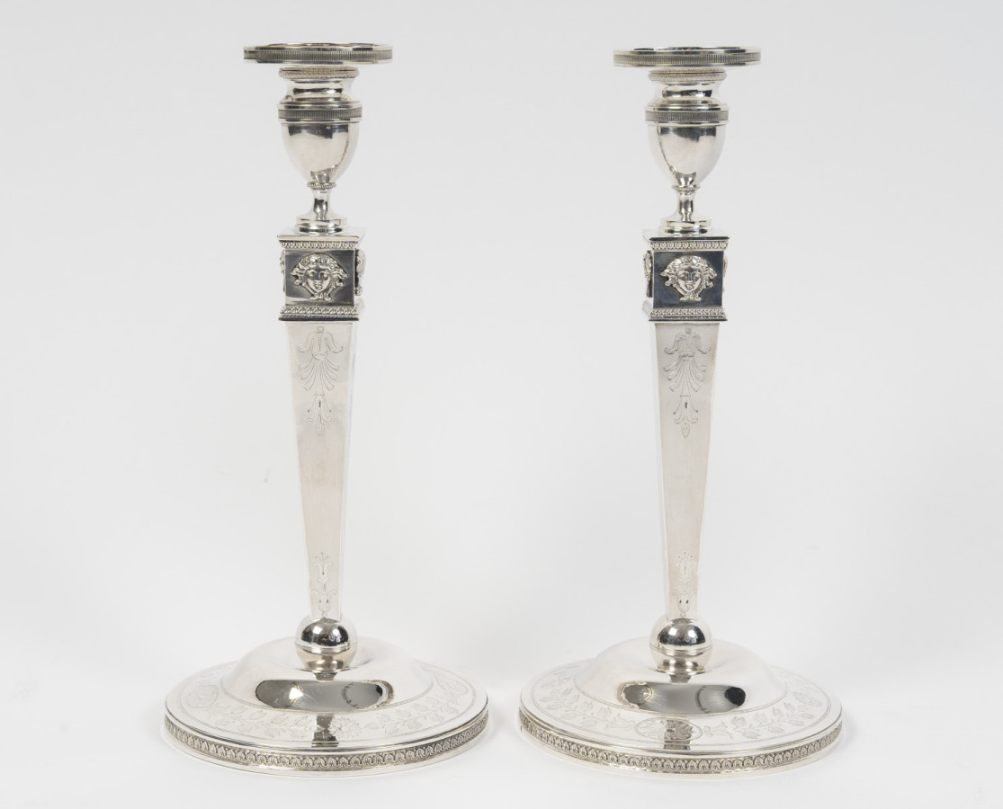 JFJ BEYDEL - Paire de flambeaux en argent, 1er Empire, 2è COQ  1809/1818