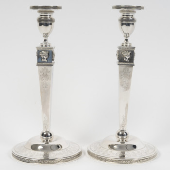 JFJ BEYDEL - Paire de flambeaux en argent, 1er Empire, 2è COQ  1809/1818