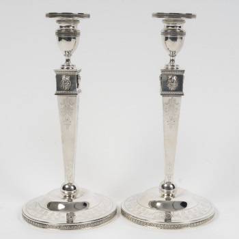 JFJ BEYDEL - Pair of Silver Candlesticks, First Empire, 2nd Rooster 1809/1818