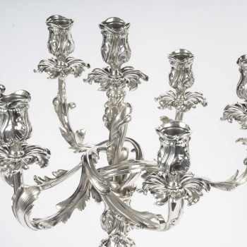 Gustave Odiot – Important pair of solid silver seven-light candelabra. Napoleon III period.