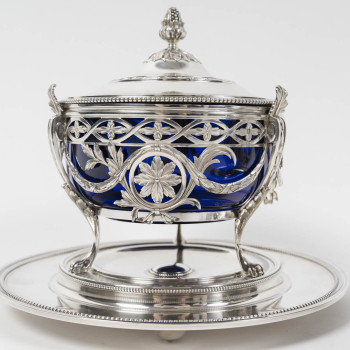 RISLER & CARRÉ – Pair of covered sweetmeat dishes in solid silver and cobalt blue glass – late 19th