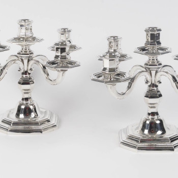 CHRISTOFLE – Paire de candélabres en argent massif 5 bougies Epoque ART DECO vers 1940