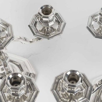 CHRISTOFLE – Paire de candélabres en argent massif 5 bougies Epoque ART DECO vers 1940