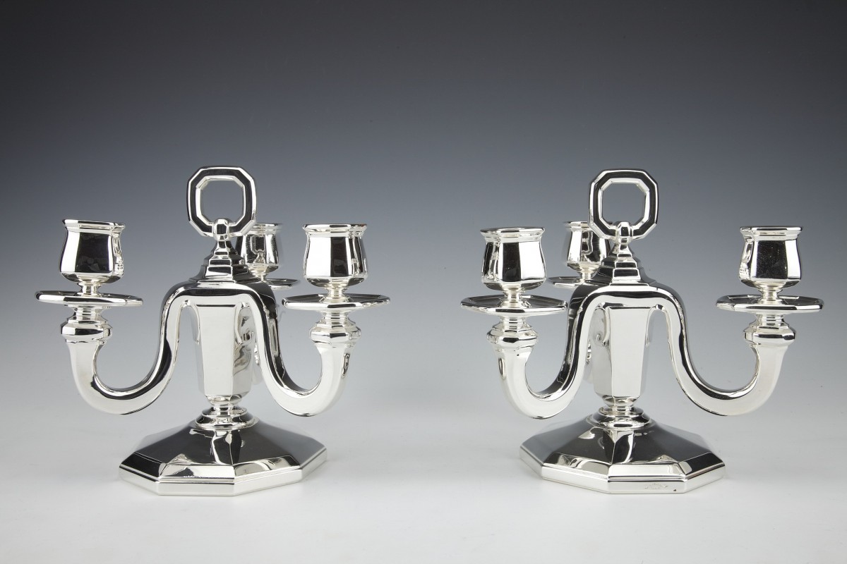 Goldsmith GUSTAVE KELLER -Pair of sterling silver candelabra ART DECO  1930