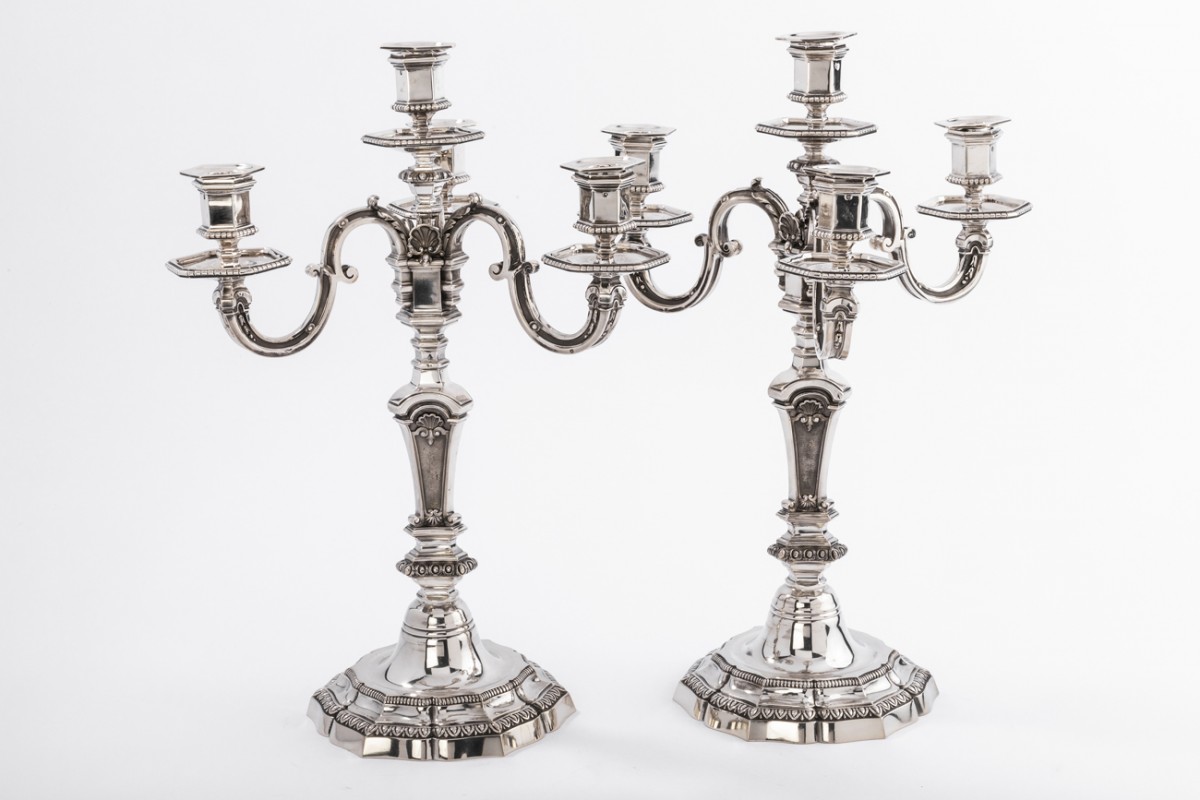 A. AUCOC (1856-1911) Pair of nineteenth solid silver candelabra