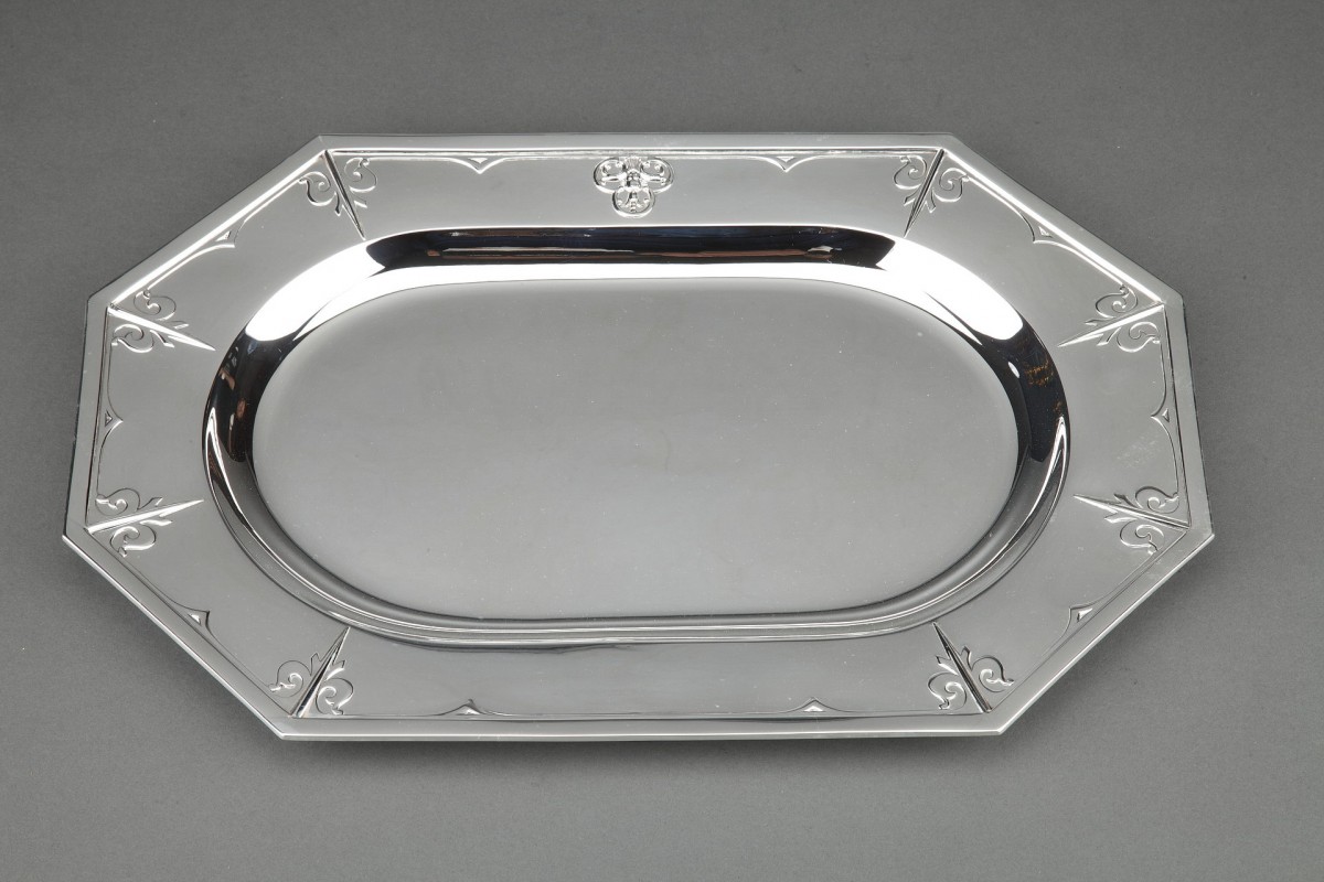 CARDEILHAC silversmith - 42 cm - Solid silver dish, XIXth "Fer de lance" model