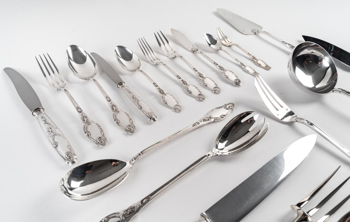 Goldsmith LAPPARRA - 129-piece cutlery set in solid silver ART NOUVEAU