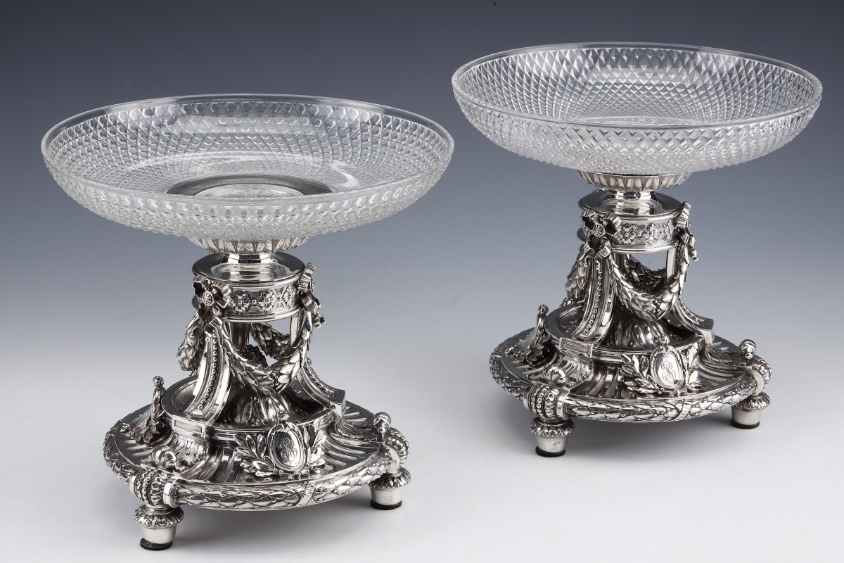 GUSTAVE ODIOT - Paire de coupes en argent massif vasques en cristal XIXè
