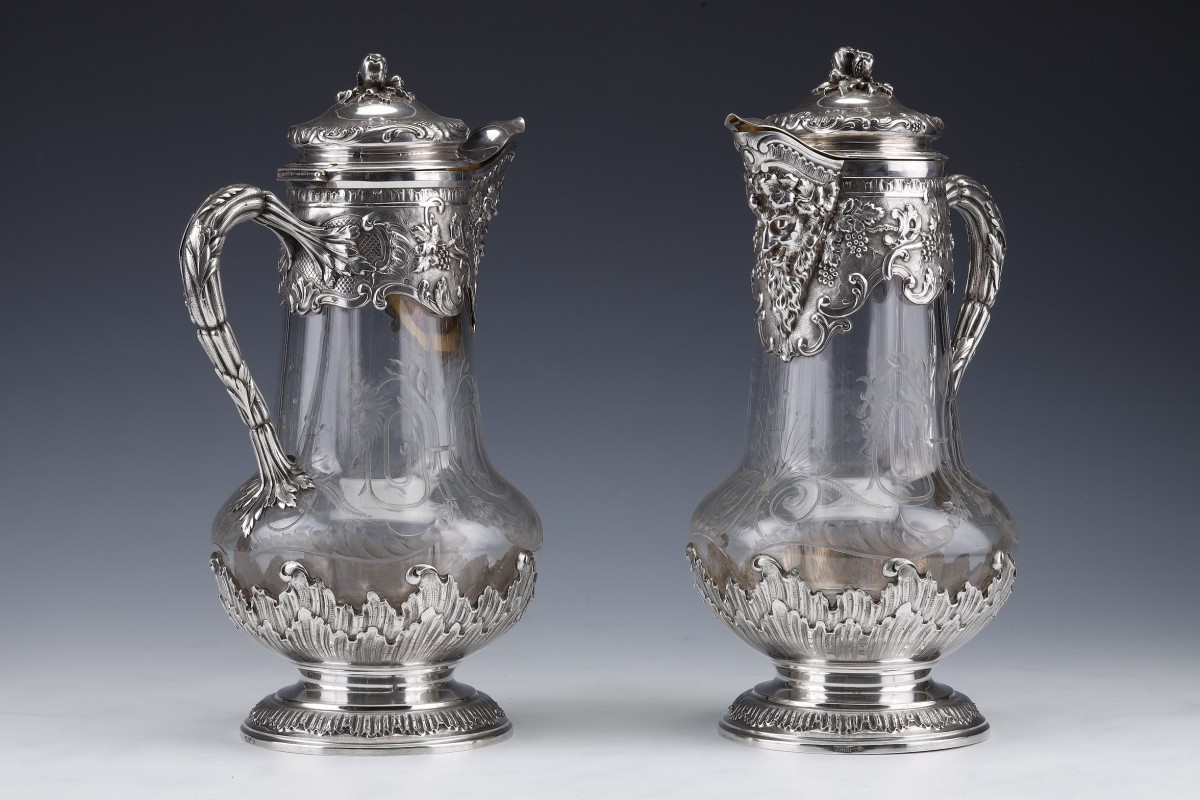 BOIN TABURET - Pair of pitchers in crystal and sterling silver 19th century