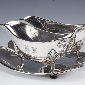 Goldsmith Odiot - Double Sauceboat On Tray In Sterling Silver Late Nineteenth