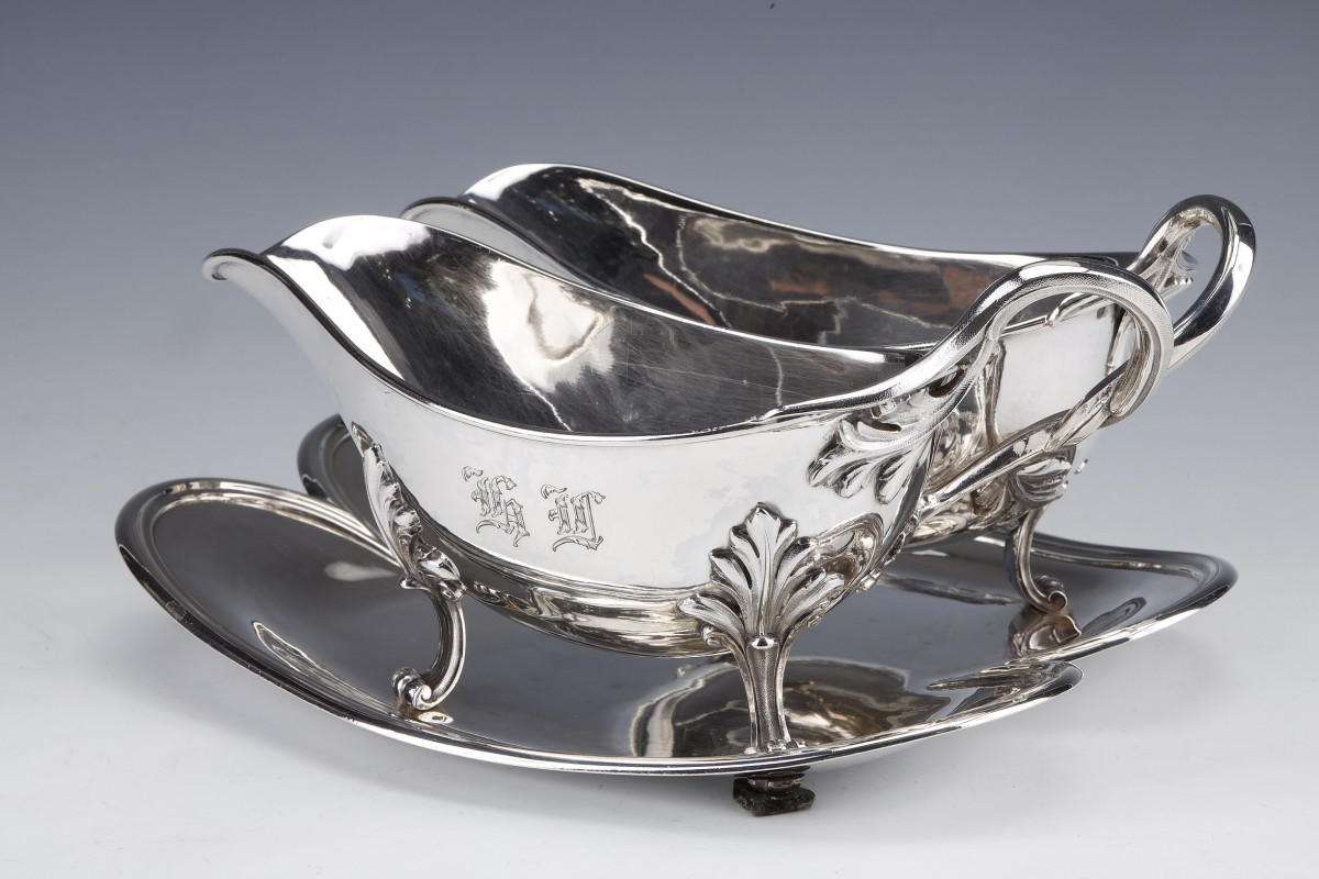 Goldsmith Odiot - Double Sauceboat On Tray In Sterling Silver Late Nineteenth