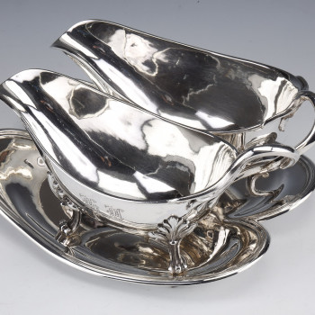 Goldsmith Odiot - Double Sauceboat On Tray In Sterling Silver Late Nineteenth