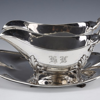 Goldsmith Odiot - Double Sauceboat On Tray In Sterling Silver Late Nineteenth