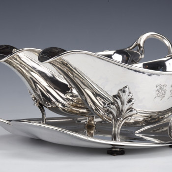 Goldsmith Odiot - Double Sauceboat On Tray In Sterling Silver Late Nineteenth