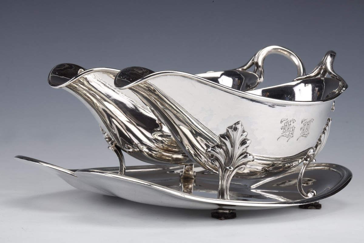 Goldsmith Odiot - Double Sauceboat On Tray In Sterling Silver Late Nineteenth
