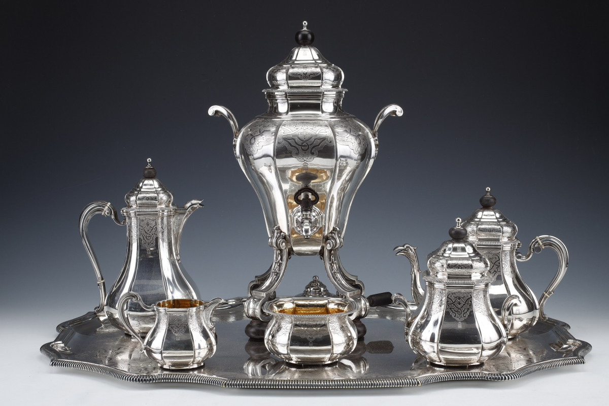 A. AUCOC - TEA/COFFEE service 6 silver pieces XIXth