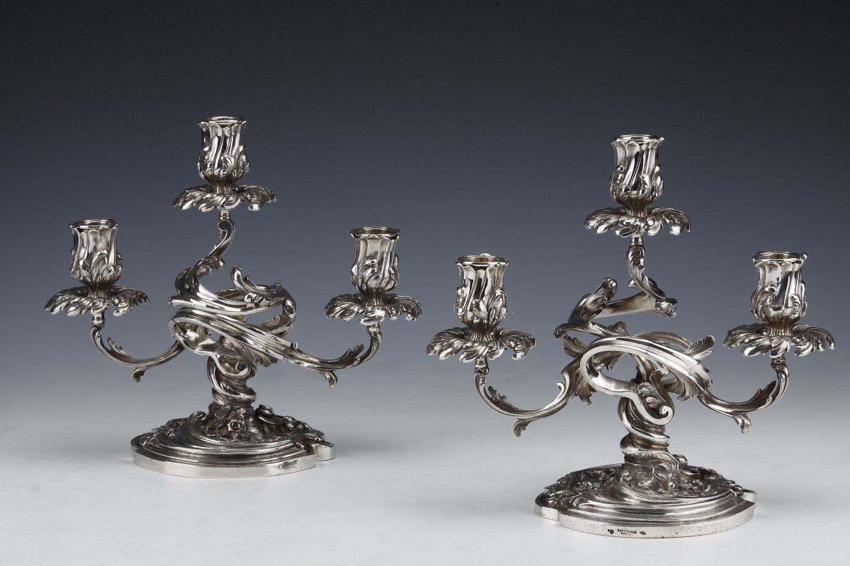 CARDEILHAC - Pair of low candelabras in sterling silver 19th century