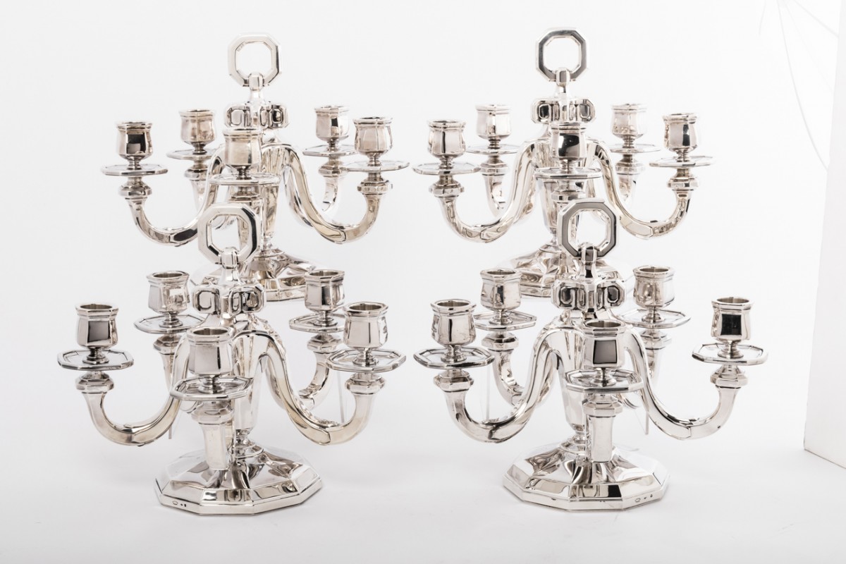 Orfèvre Gustave KELLER  -Quatre candélabres au modèle en argent massif epoque Art déco