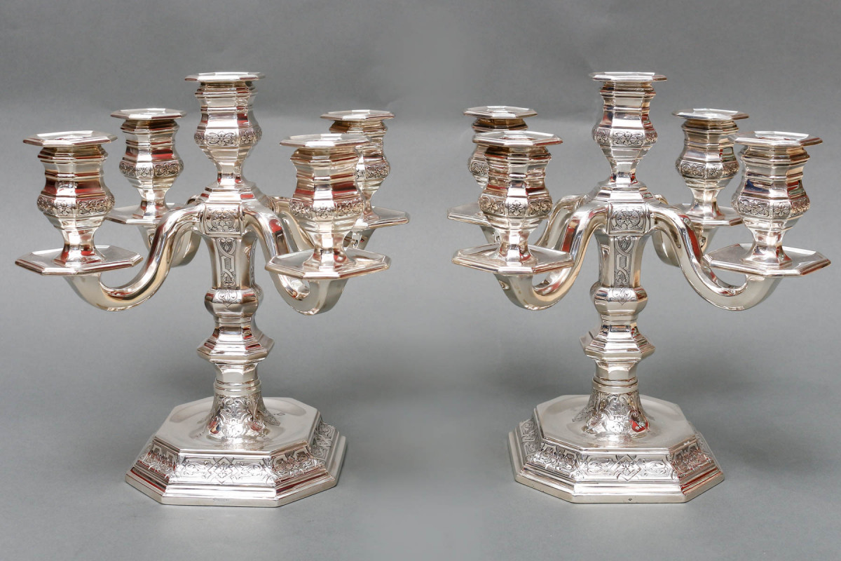 TETARD Frères - Pair of low candelabras in solid silver circa 1930