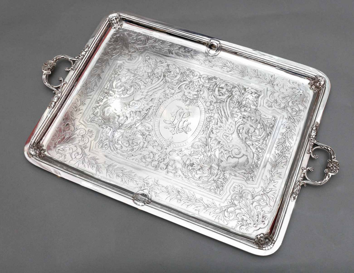 J. PIAULT – Large 19th century solid silver serving tray