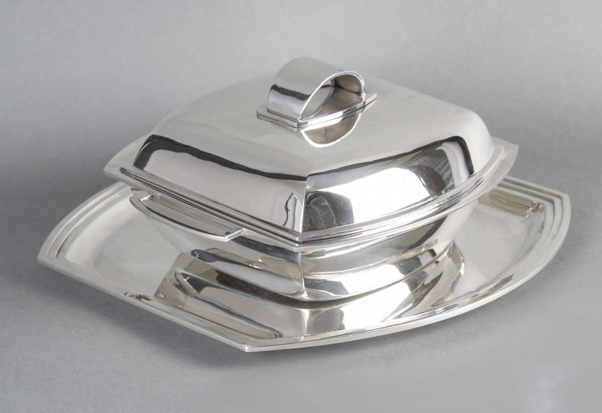 CHRISTOFLE - MODERNIST TUNER ON ITS ART DECO STERLING SILVER TRAY