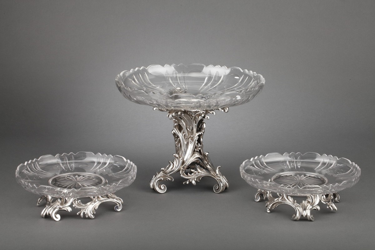 Orfèvre CARDEILHAC - Garniture de table  trois coupes en argent massif et cristal XIXè