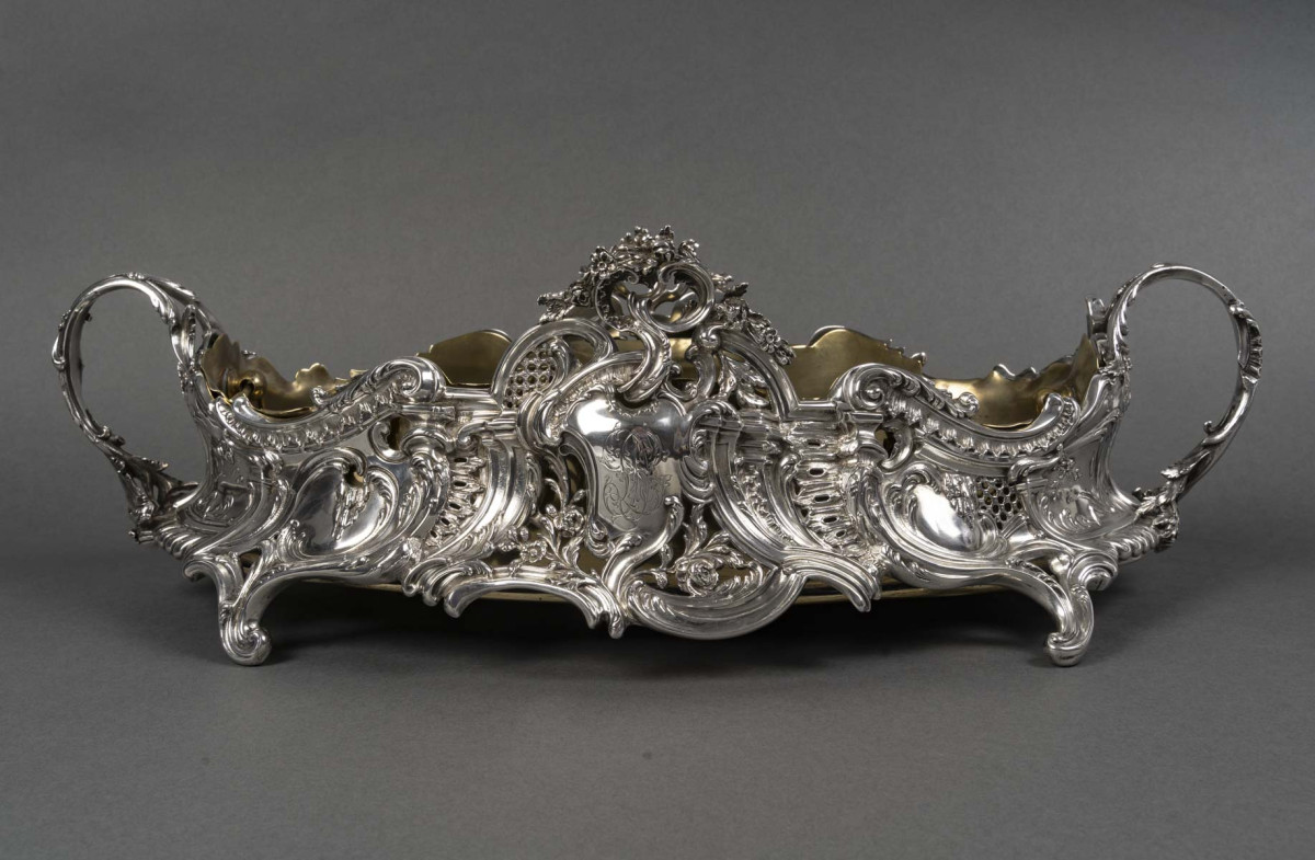JARDINIERE ROCAILLE EN ARGENT MASSIF INTERIEUR EN LAITON EPOQUE NAPOLEON III