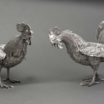 Eschwege Silversmith Pair of Solid Silver Fighting Roosters, Circa 1950