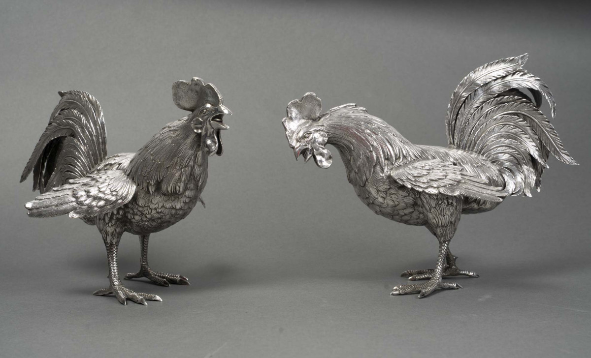 Orfèvre Eschwege Paire de coqs combattant en argent massif circa 1950