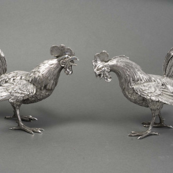 Eschwege Silversmith Pair of Solid Silver Fighting Roosters, Circa 1950