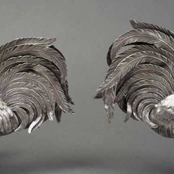 Eschwege Silversmith Pair of Solid Silver Fighting Roosters, Circa 1950