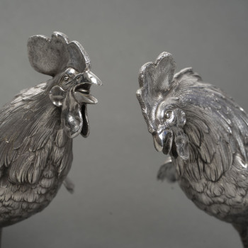 Eschwege Silversmith Pair of Solid Silver Fighting Roosters, Circa 1950
