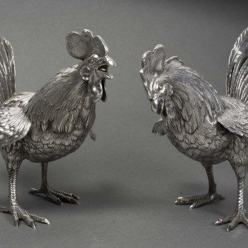 Eschwege Silversmith Pair of Solid Silver Fighting Roosters, Circa 1950