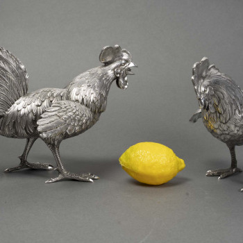 Eschwege Silversmith Pair of Solid Silver Fighting Roosters, Circa 1950