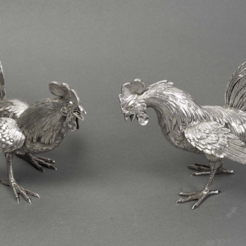 Eschwege Silversmith Pair of Solid Silver Fighting Roosters, Circa 1950