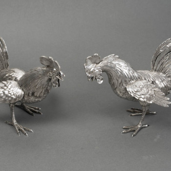 Eschwege Silversmith Pair of Solid Silver Fighting Roosters, Circa 1950