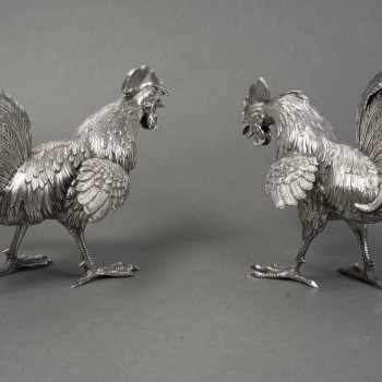 Eschwege Silversmith Pair of Solid Silver Fighting Roosters, Circa 1950
