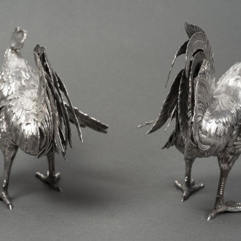 Eschwege Silversmith Pair of Solid Silver Fighting Roosters, Circa 1950